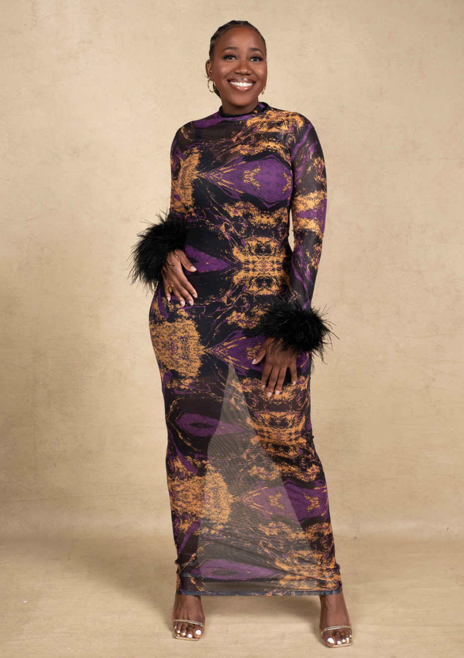 Amari Mesh Maxi Dress with Feathers - Black Amari Mesh Maxi Dress with Feathers - Black