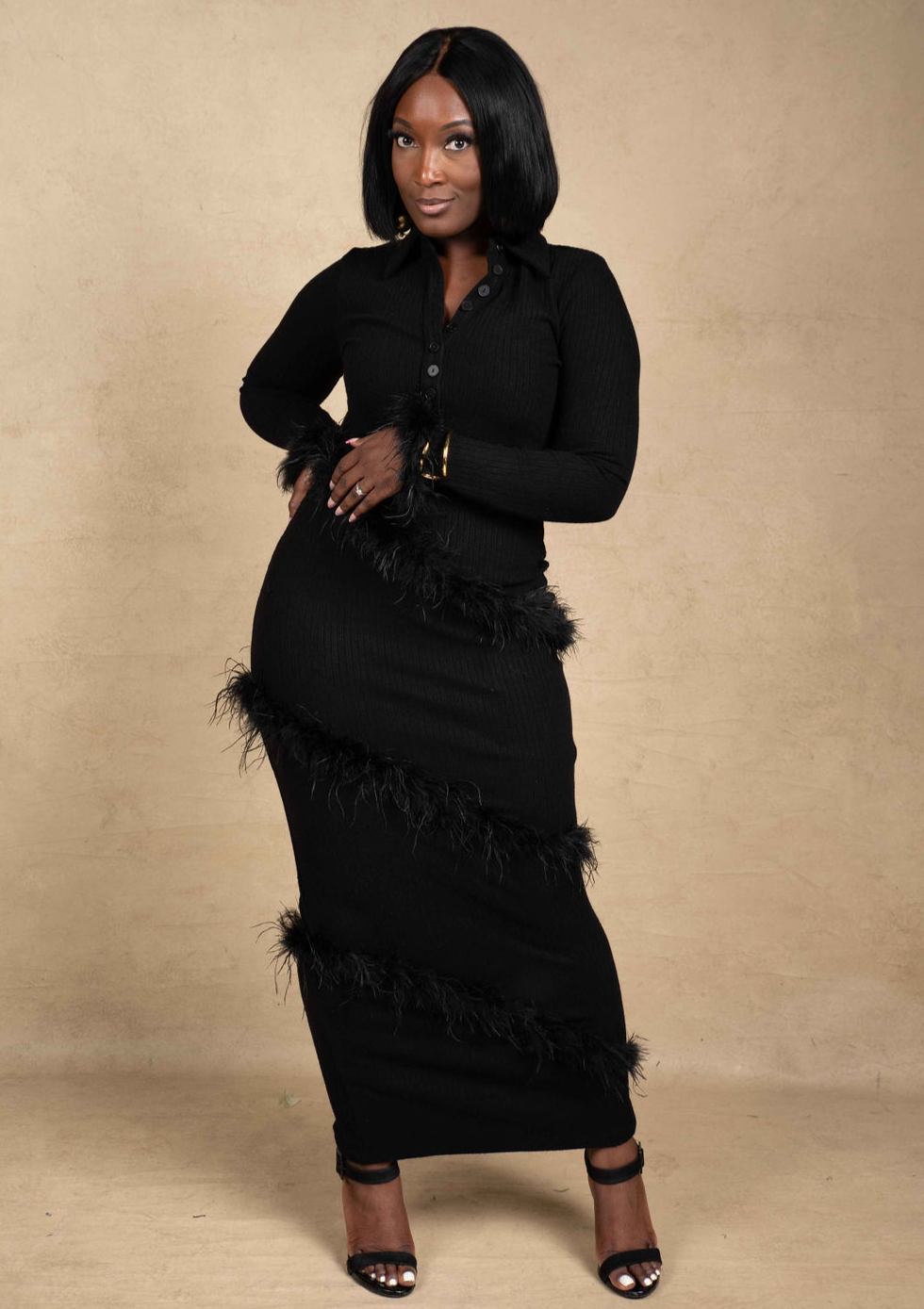 Aina Feather Maxi Dress - Black