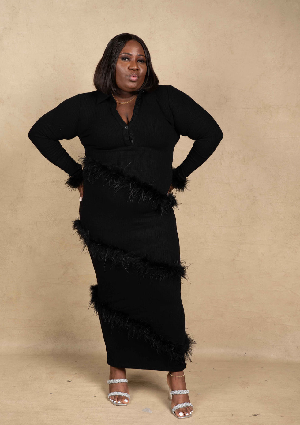 Aina Feather Maxi Dress - Black