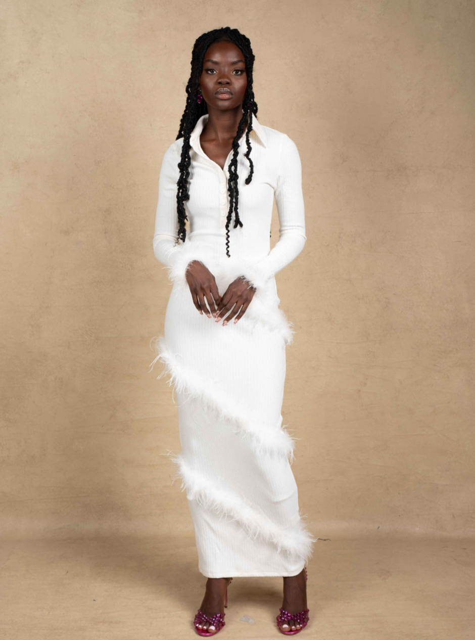 Aina Feather Maxi Dress - White TANWAA Aina Feather Maxi Dress - White TANWAA