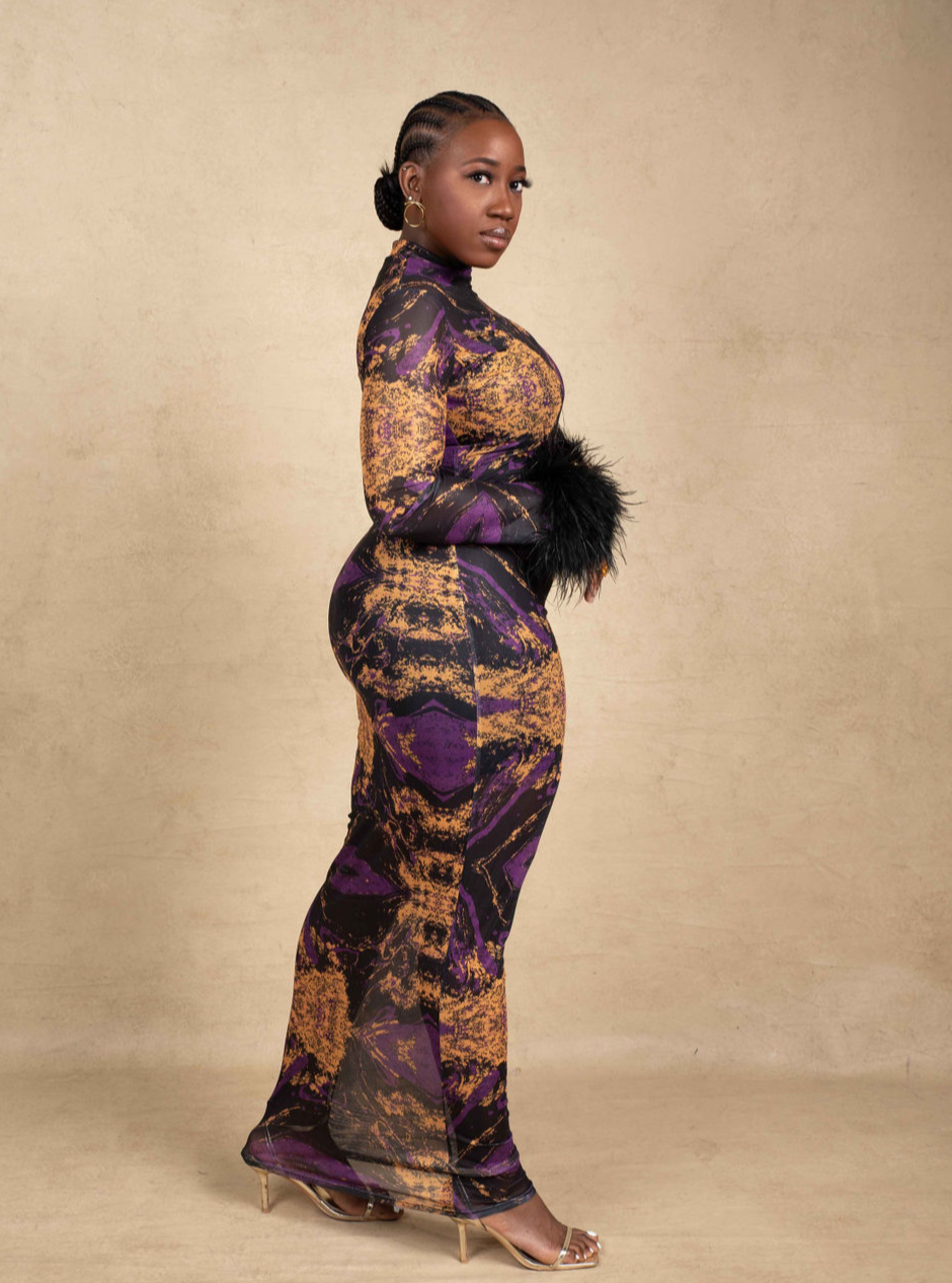 Amari Mesh Maxi Dress with Feathers - Black