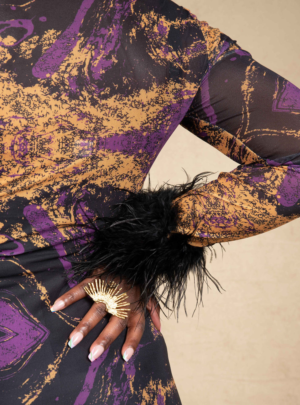 Amari Mesh Maxi Dress with Feathers - Black