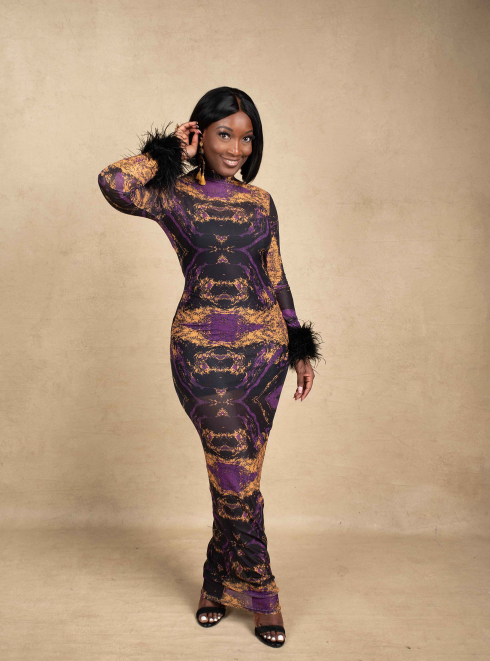 Amari Mesh Maxi Dress with Feathers - Black