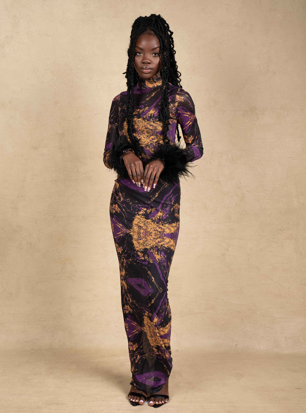 Amari Mesh Maxi Dress with Feathers - Black