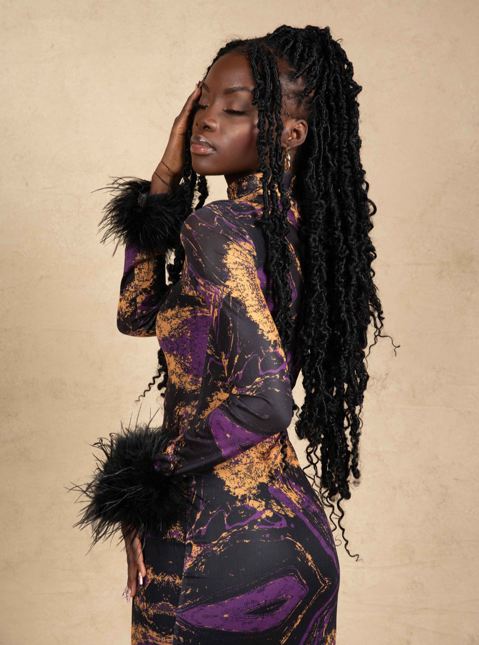 Amari Mesh Maxi Dress with Feathers - Black