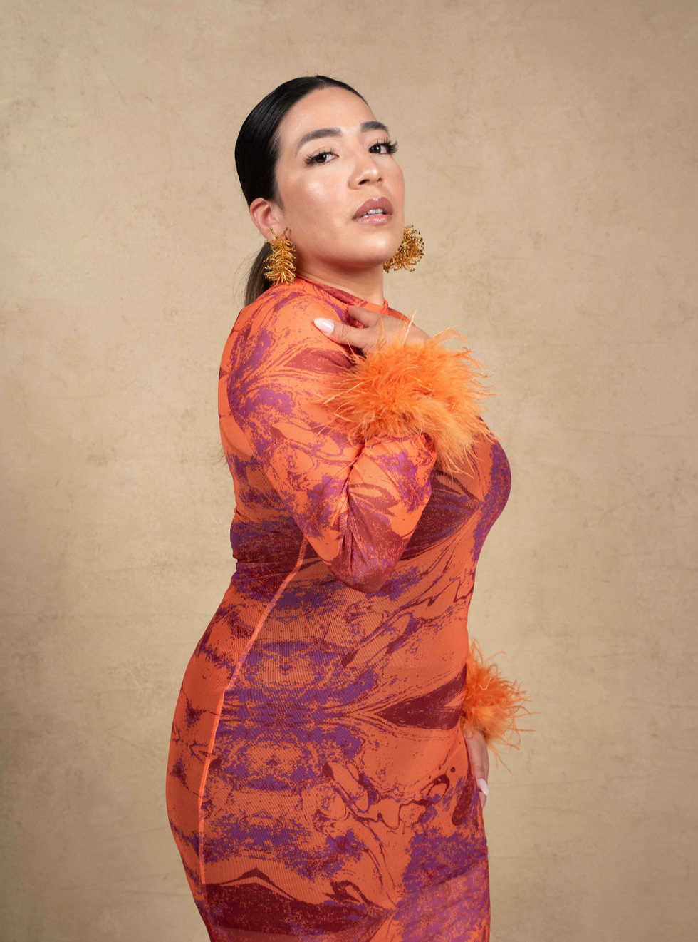 Amari Mesh Maxi Dress with Feathers