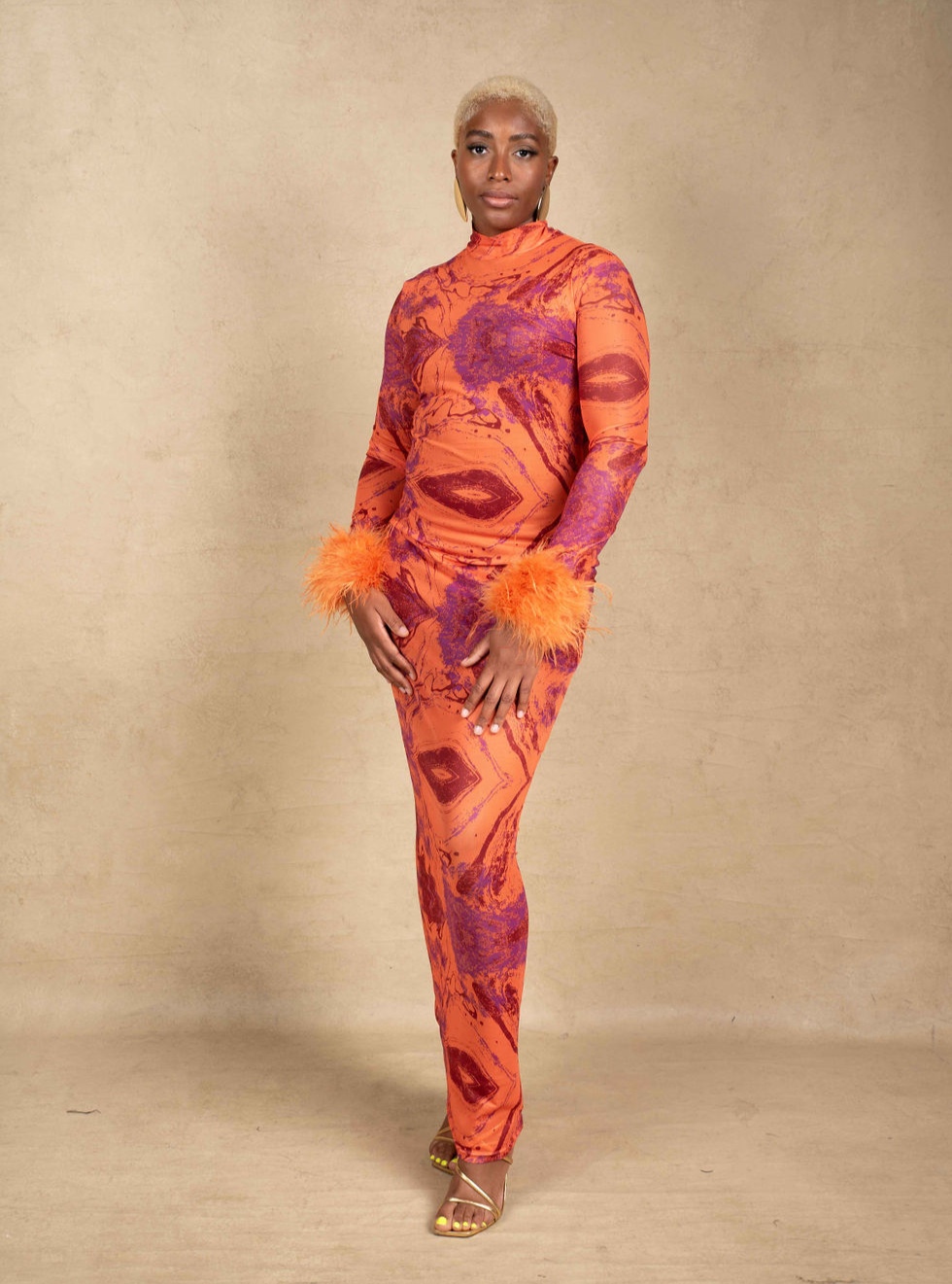 Amari Mesh Maxi Dress with Feathers