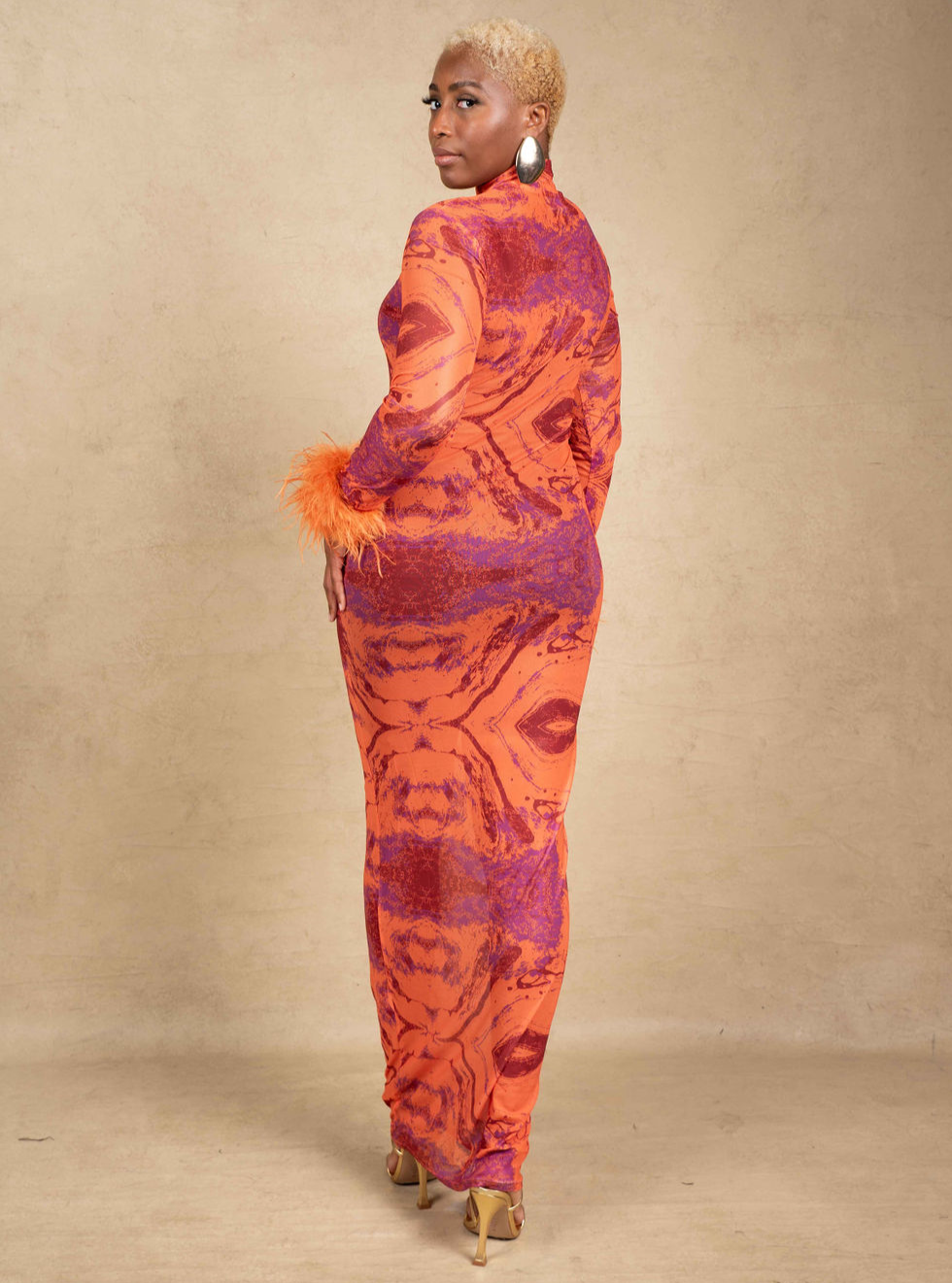 Amari Mesh Maxi Dress with Feathers - Orange