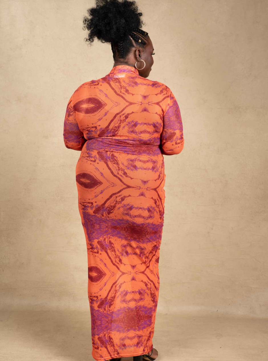 Amari Mesh Maxi Dress with Feathers - Orange